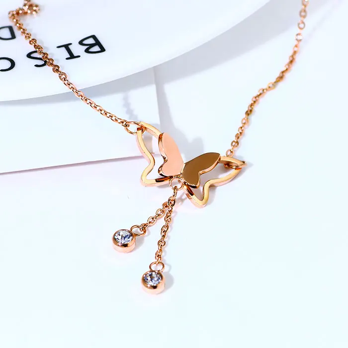 

YUN RUO New Arrival Rose Gold Color Fashion Butterfly Tassel Pendant Necklace Titanium Steel Jewelry Woman Birthday Never Fade