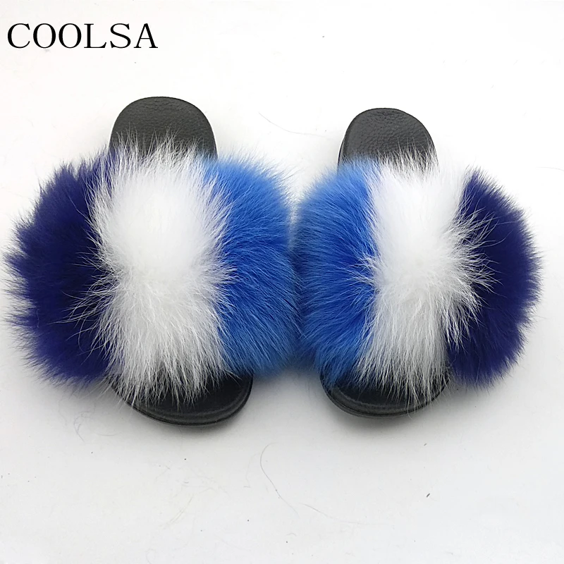 

New Women's Winter Real Fox Fur Flip Flops Indoor Warm Plush Slippers Women Slides Female Open Toe Furry Sandals Home Fur Shoes