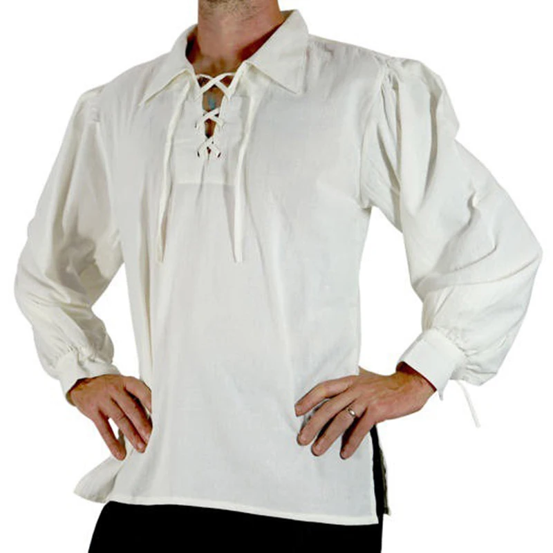 

2019 Vintage Men Bandage Shirt Long Sleeve Medieval Style Retro Belt Shirt Loose Design Solid Color Tops Spring Men Clothing New