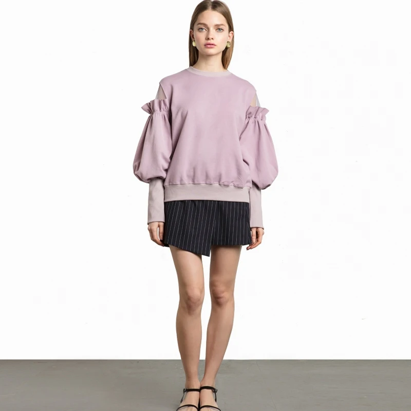 HYH HAOYIHUI Women Sweet Solid Color Sweater Frill Lantern Sleeve Round Neck Sleeve Cute Shoulder Net Contrast Sweater
