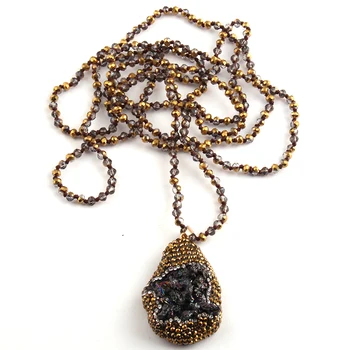 

Fashion Bohemian Tribal Jewelry 4mm Crystal Glass Knotted Handmake Paved Natural Stone Pendant Necklaces