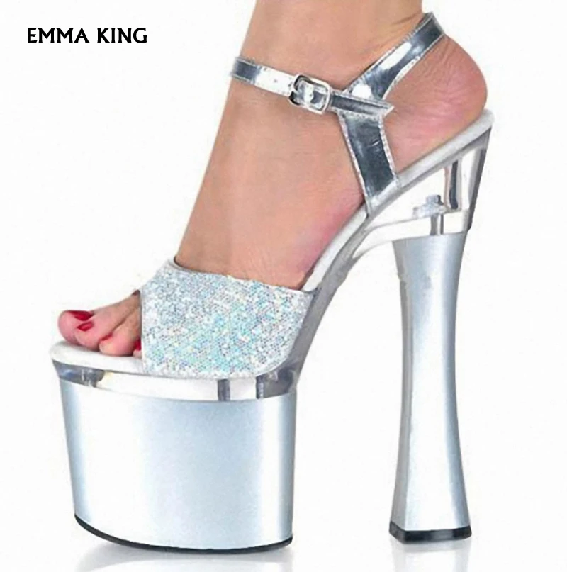 

NEW 18cm Super High Heel Sandalias Mujer Waterproof Platform Thick Heel Sandals Red Round Toe Sexy Shoes Summer Sandals Woman