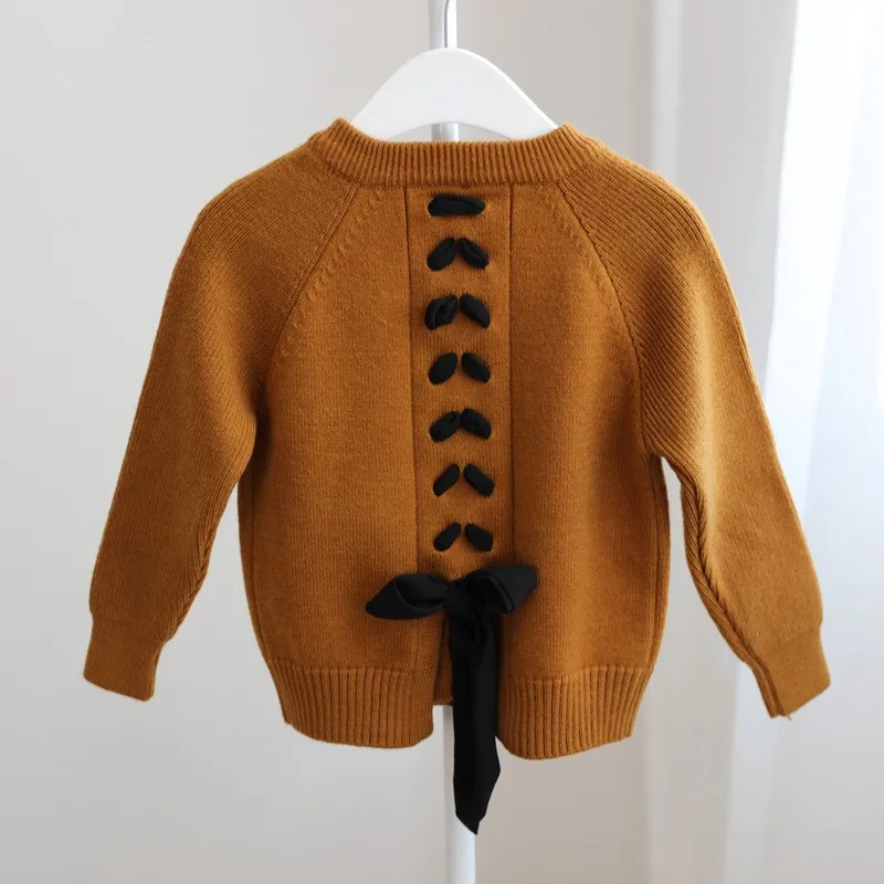 Стильный Детский свитер-кардиган для маленьких девочек осенне-зимний детский свитер с бантом, 3 цвета, одежда для детей возрастом от 3 до 7 лет