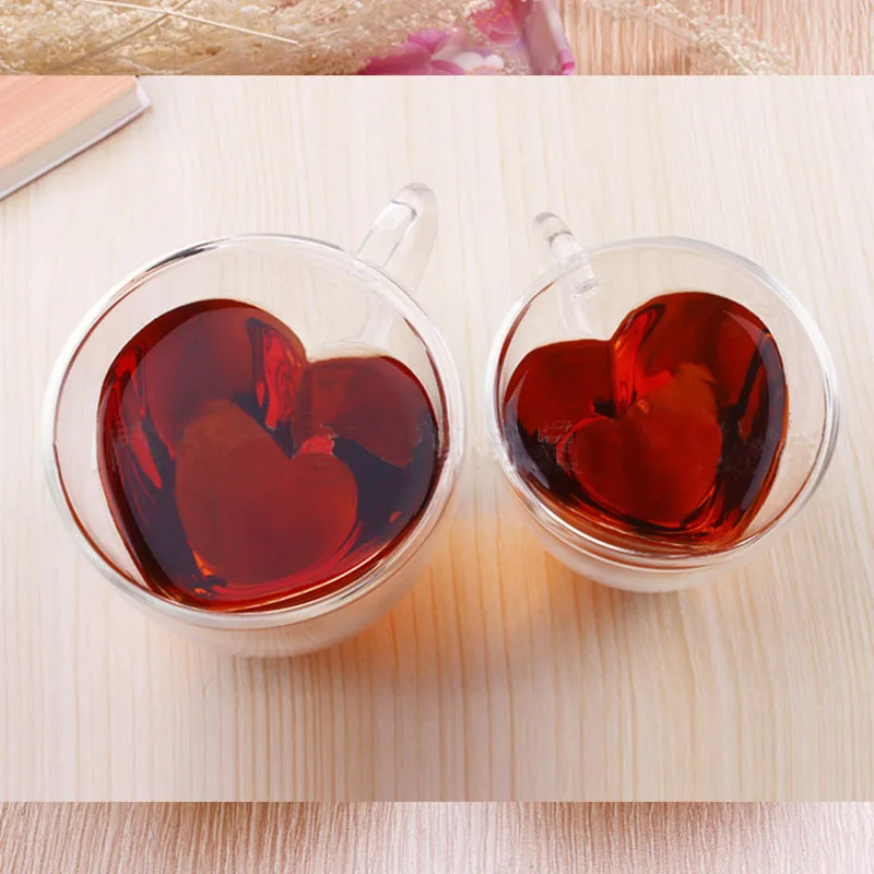 

Glass Tea Cups Double Wall Layer Tea Cup Heat-resisting Creative Heart-Shaped Transparent Drinkware Glass Juice Milk Coffee Mug
