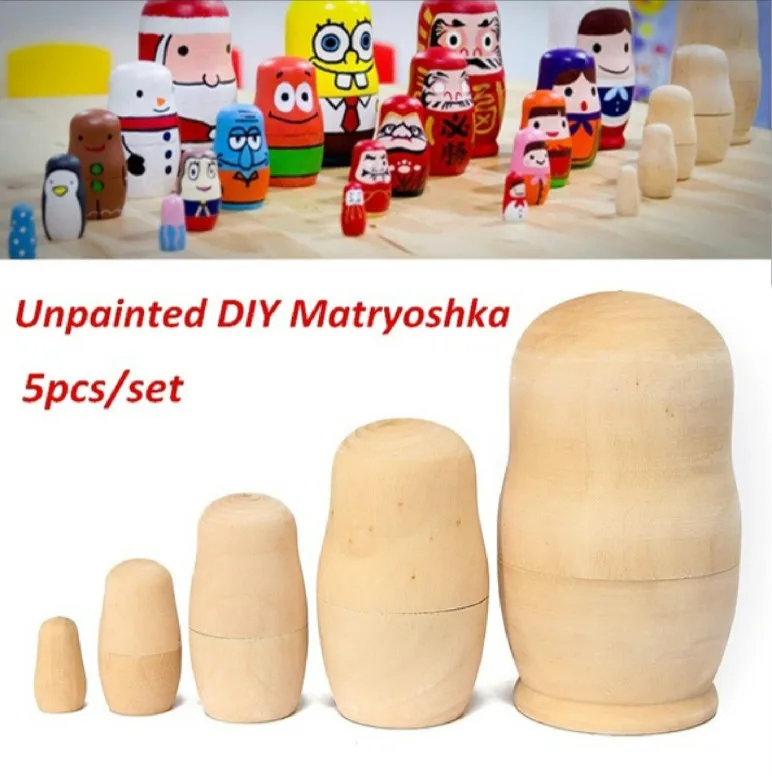 

5pcs DIY Unpainted Blank Wooden Embryo Russian Nesting Dolls Matryoshka Toy Gift