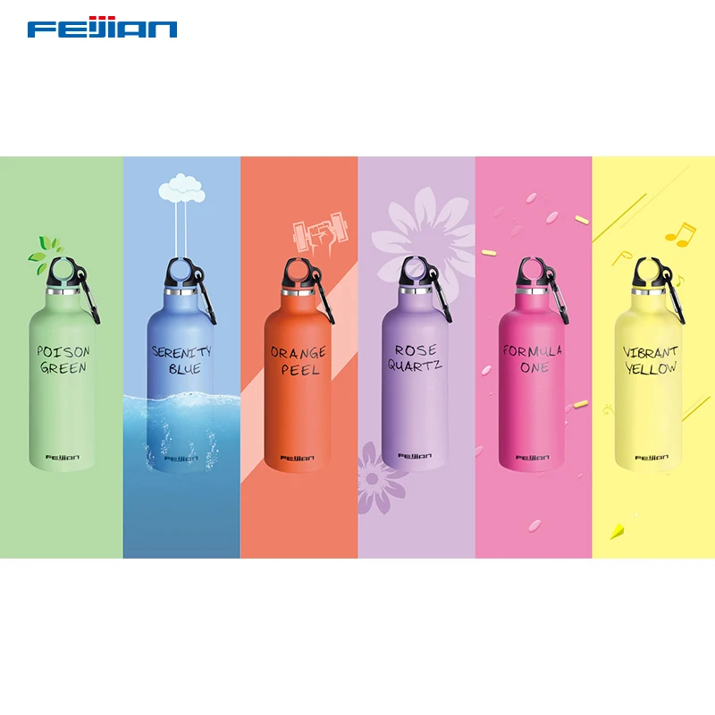 

FEIJIAN 500ml colorful sport thermo bottle Vacuum Insulated Double Wall Stainless Steel Flask with Carabiner shaker