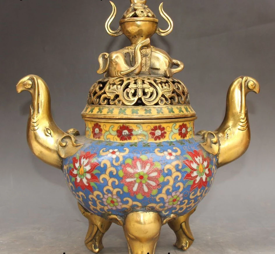 

free shipping 12" China Cloisonne Enamel Gild Elephant Handle Incense Burner Censer Incensory