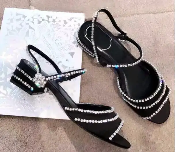 

hot selling black suede thick heels sandal for woman 2017 sexy peep toe crystal embellished ankle strap sandal cutouts shoes