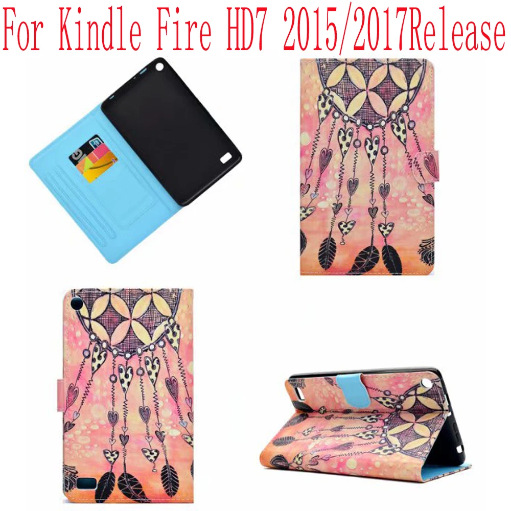

For Amazon Kindle Fire HD7 Case 2015 2017 Release Fundas Leather Tablet Smart Case Card Pocket Kickstand Kids Book Cases 7"