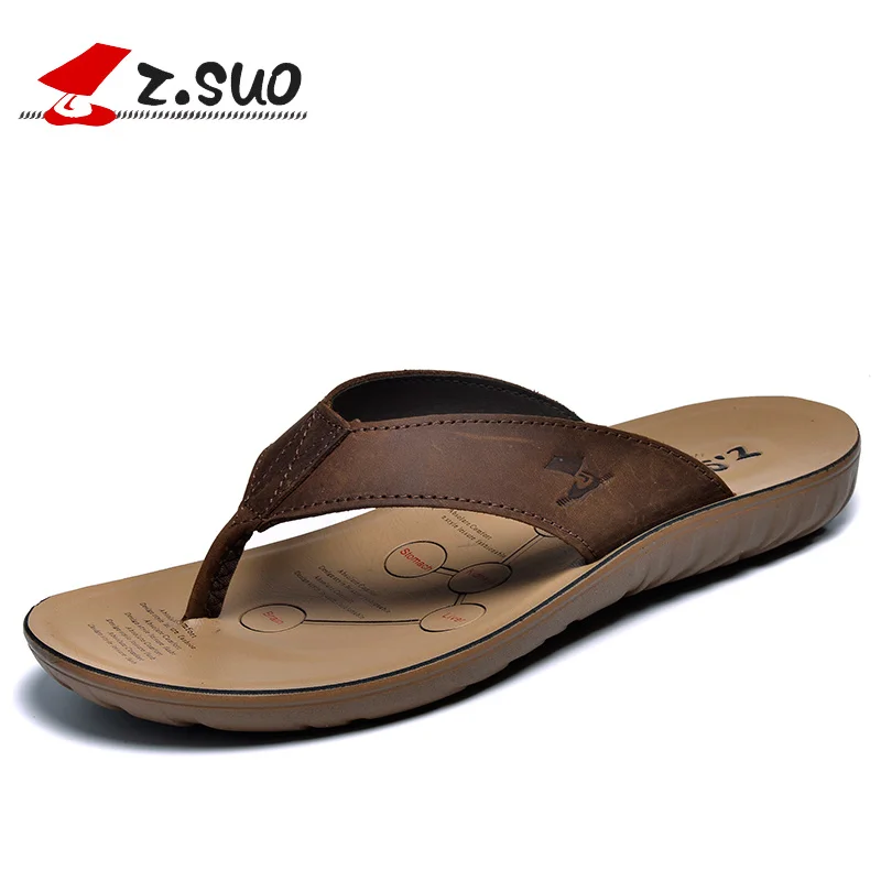 Z. Suo Novos chinelos de verão ao ar livre Couro Genuíno sapatos de lazer de praia Respirável/Confortável chinelos sapatos masculinos