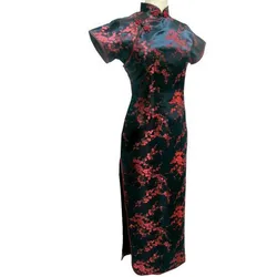 Black-Red Traditional Chinese Dress Women's Satin Long Cheongsam Qipao Flower Size S M L XL XXL XXXL 4XL 5XL 6XL