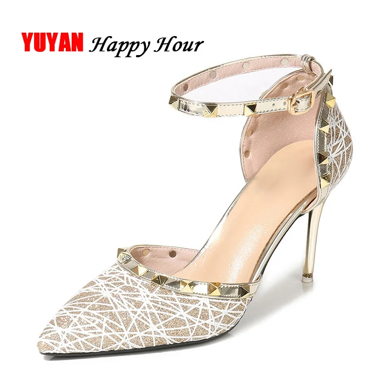 

New 2019 Luxury High Heels Women Shoes Fashion Brand Rivets Shoes Women Pumps Party Wedding Shoes Thin Heel 8.5cm A861