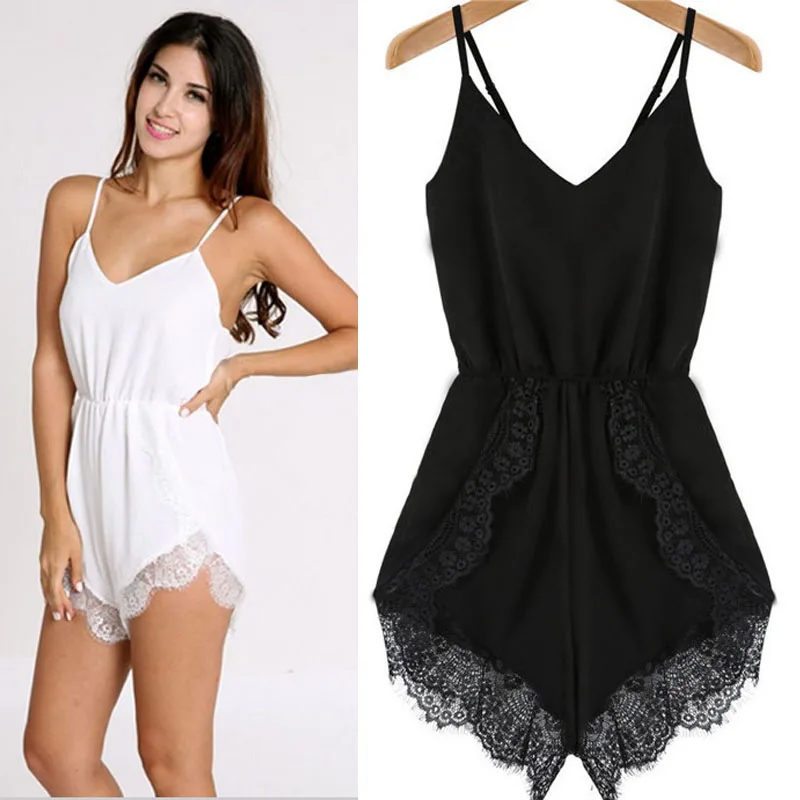 

Free Ostrich Black White Sexy&Casual V-Neck Women Strap Sleeveless Lace Chiffon Party Jumpsuit Rompers Playsuit Feminino D0635