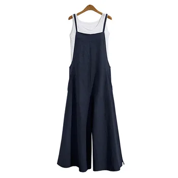 

Summer Women Casual Loose Bib Romper Solid Brief Suspender Cotton Wide Leg Long Pants Pockets Jumpsuit Dungaree Overalls S-5XL