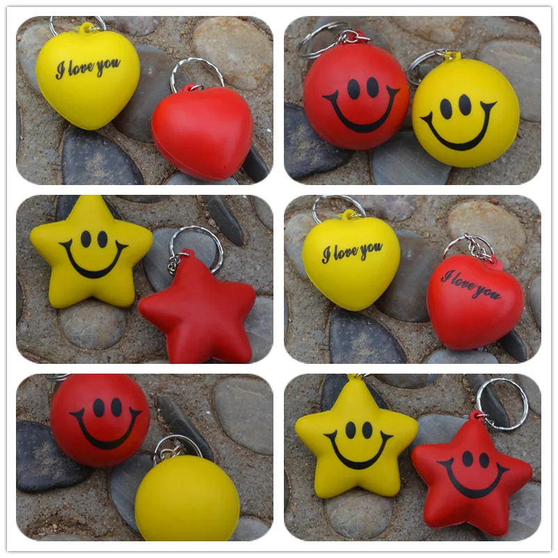 

20 Pcs Soft PU Foam Smiling face keychain Balls Keyring emoji keyfob Five-pointed Star Keychain Heart shape squishy toy pendant