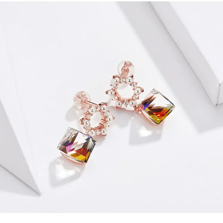 bamoer Austrian Crystal Cube Wreath Dangle Earrings 925 Sterling Silver Flower Women Wedding Statement Jewelry Gifts BSE202