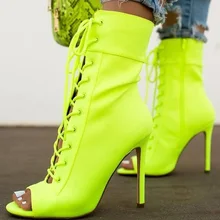 Неоновые ботильоны зеленые женские туфли на шпильке с перекрестной шнуровкой, на высоком тонком каблуке, с открытым носком, на шнуровке, женские летние ботинки Большие размеры 33, 38