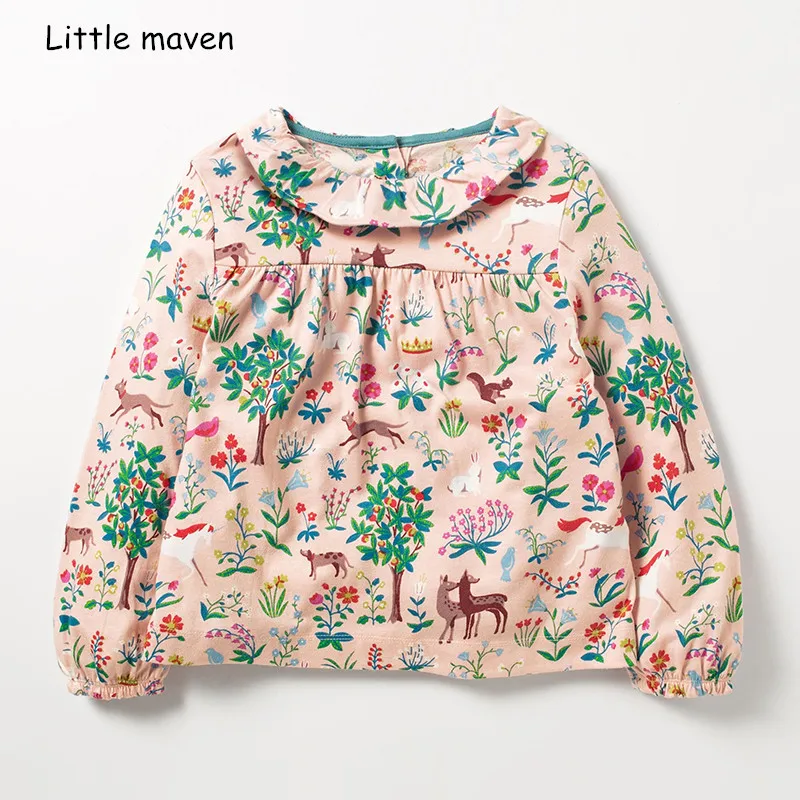 Little maven/детская брендовая одежда для маленьких девочек; коллекция года; сезон осень; хлопковая футболка с длинными рукавами и принтом с животными; 51148