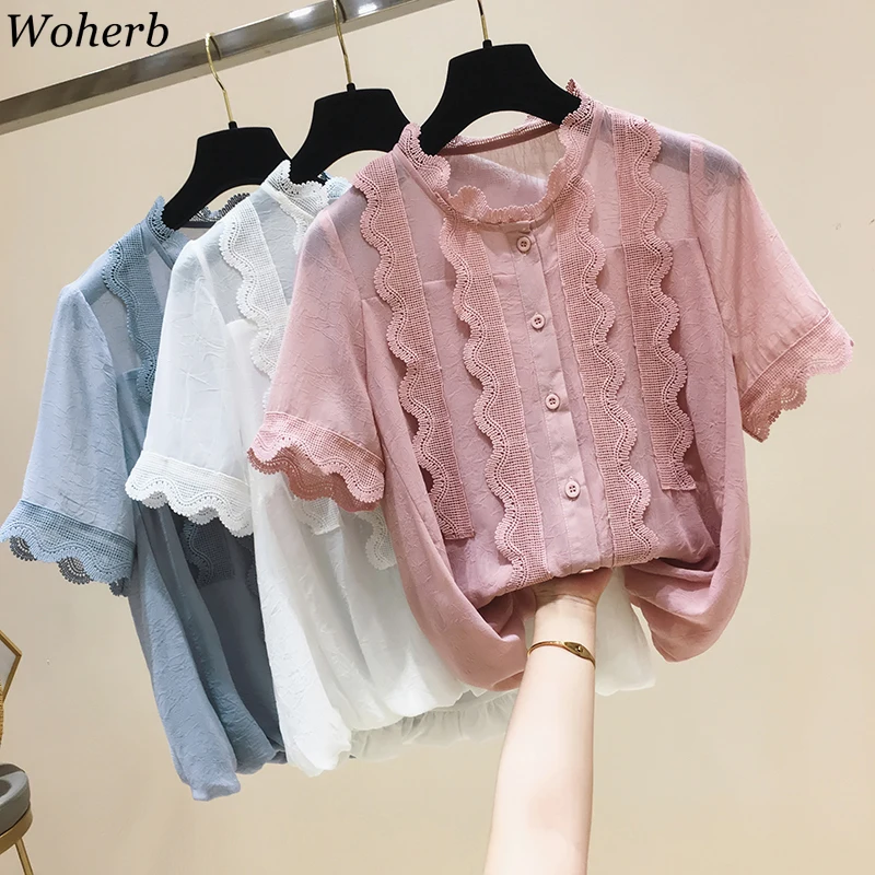 

Woherb Summer Ruffles Lace Chiffon Blouse 2019 New Modis Elegant Casual Crochet Women Tops Plus Size Shirt Blusas Femininas