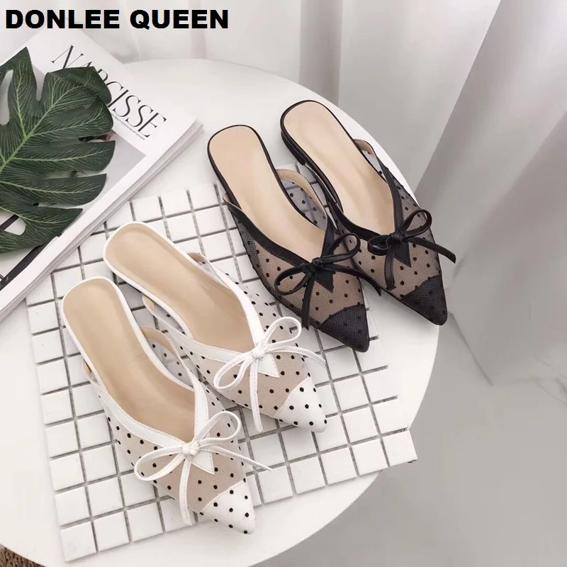

DONLEE QUEEN 2019 Summer Women Slippers Flat Heel Mule Shoes Women Lace Polk Dot Slides Female Pointed Toe Shoes sandalias mujer