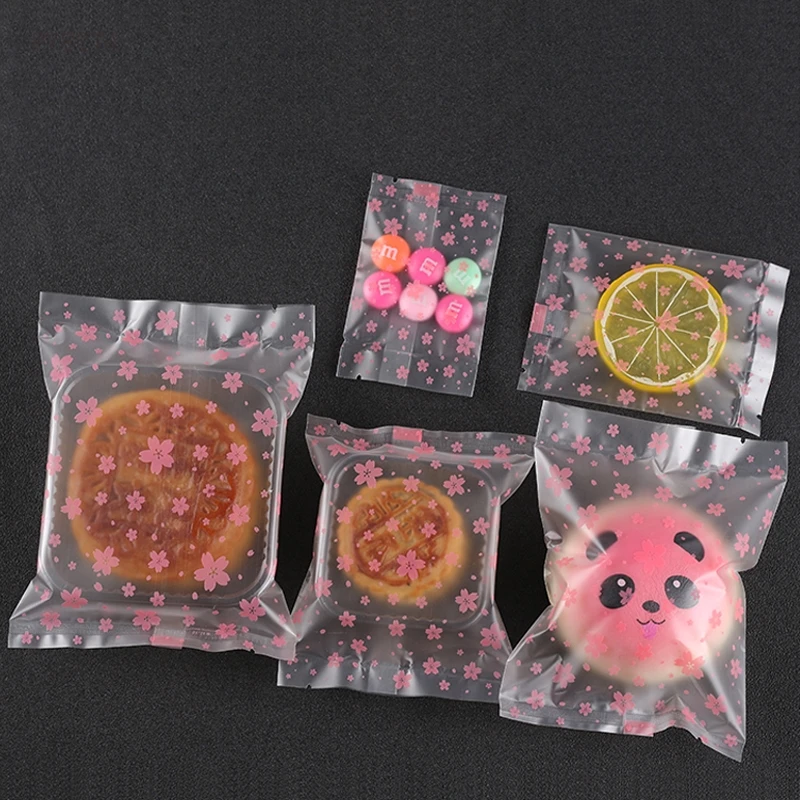 300pcs- 7*10/9*11.5/10*13.5/11*15cm  Heat Seal Frosted Plastic Pouch Open Top Pink Sakura Floral Cake Biscuit Packaging bag