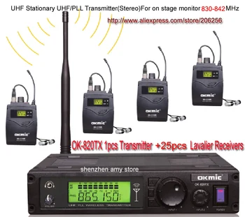 

New OK-820TX Transmitter 25pcs Receivers Wireless In Ear Monitor System Stereo earphones Earbuds Family Fun TV 830-840Mhz