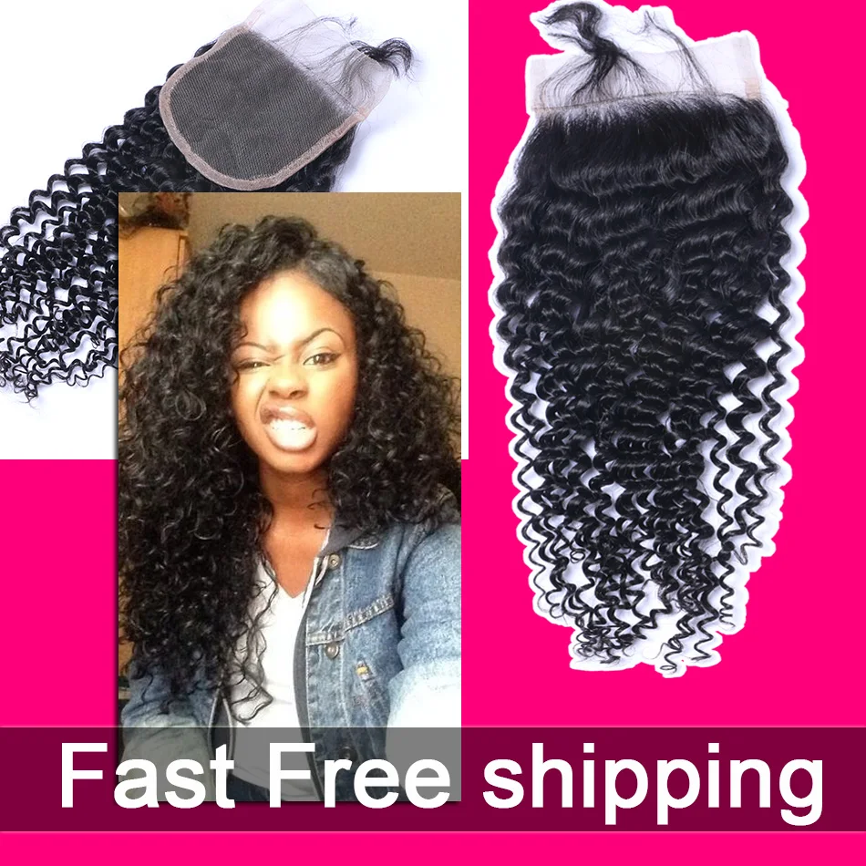

7A Cheap Virgin Brazilian Curly Closure Middle/Free/3 Part Deep Curly Lace Closure Bleached Knot Virgin Human Hair Closure Piece