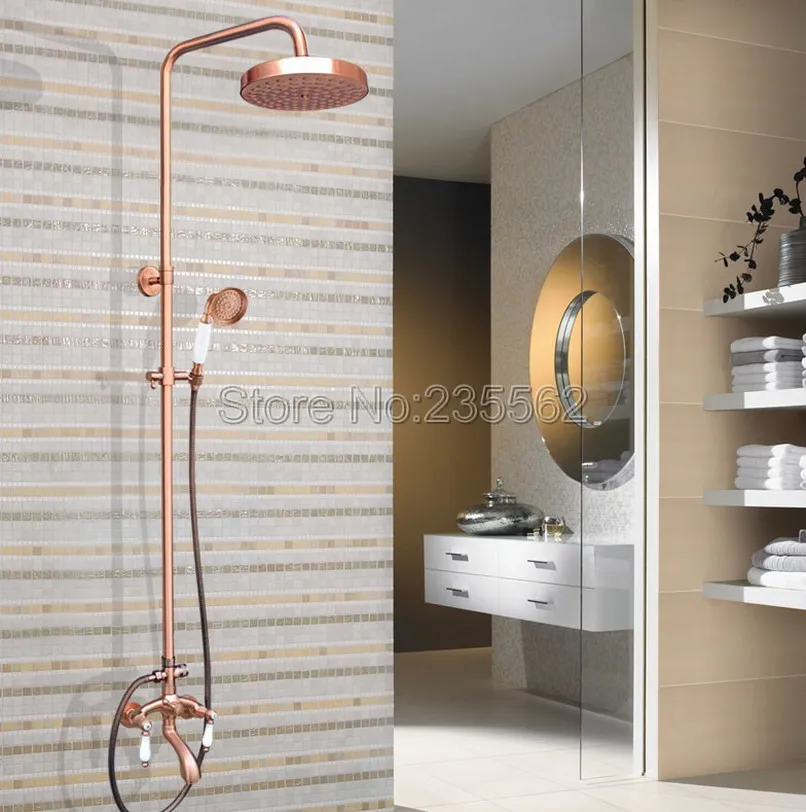 muro del bagno montato pioggia rubinetto doccia set rame rosso antico vasca da bagno miscelatore doppi