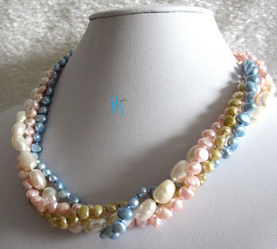 

Miss charm Jew1433 4-9mm 4Row Baroque Freshwater Pearl Necklace White Pink Blue Champagne NEW
