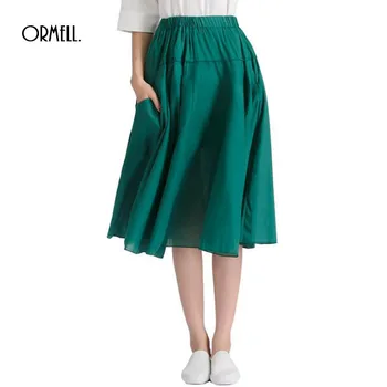 

ORMELL Summer Autumn Casual Women Skirt New Cotton Solid Color Fashion Pocket Ladies Midi High Waist Female Pleated Skirts Saia