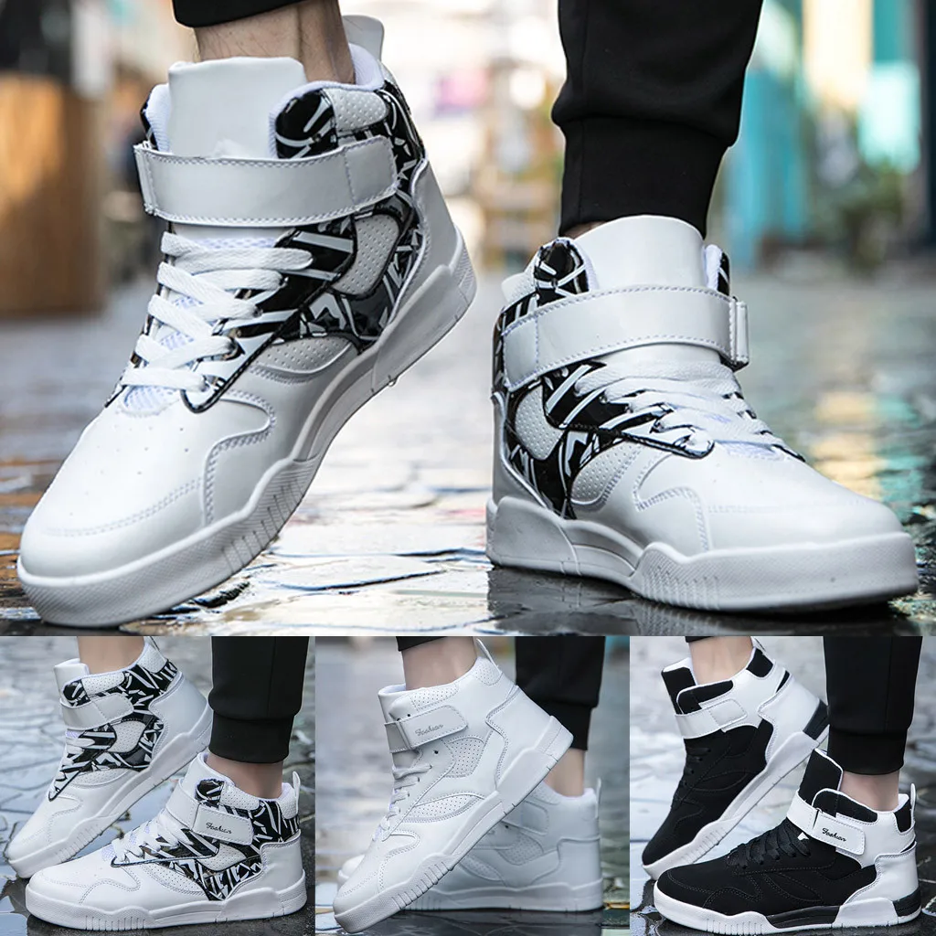 Black and white Men's platform sneakers High-Top Casual Outdoor Sports Lace-Up Student Trends Increased Running Shoes for male Black and white Men's platform sneakers High-Top Casual Outdoor Sports Lace-Up Student Trends Increased Running Shoes for male