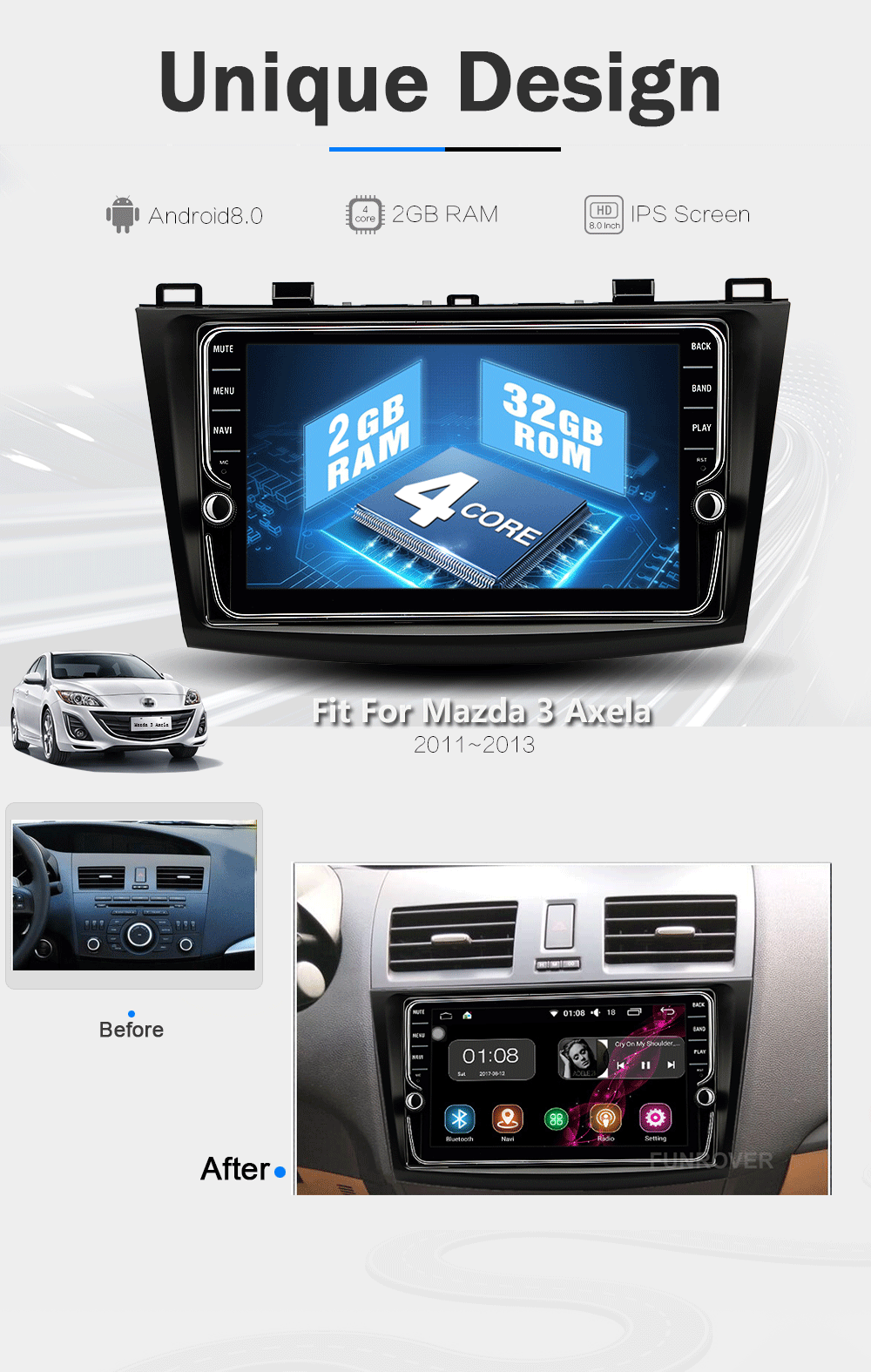 Excellent Funrover android 8.0 8" IPS 2 din car dvd radio tape recorder multimedia for MAZDA 3 mazda3 Axela 2010-2013 gps stereo navi wifi 16