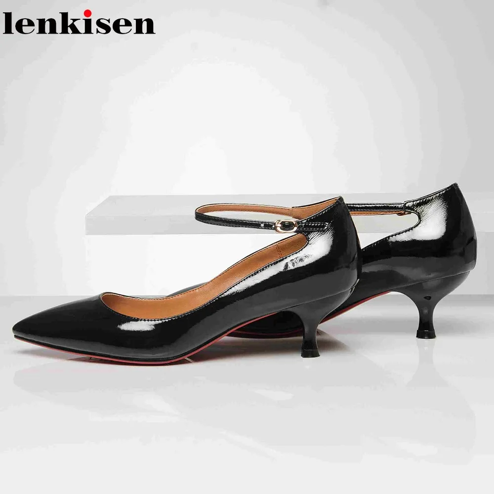 

Lenkisen genuine leather pointed toe thin med heel slip on buckle straps young girl solid color runway cozy shallow pumps L26