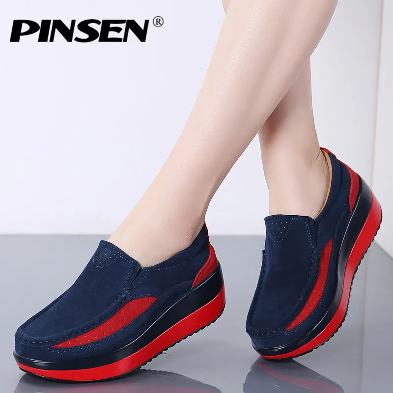 

PINSEN Women Flat Platform Sneakers Genuine Leather Casual Shoes Woman Chunky Sneakers Slip-on Flats Heels Creepers Moccasins