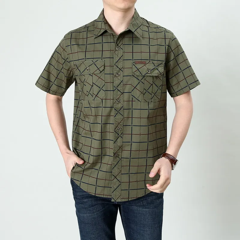 

2019 Summer Cotton Military Casual Men Shirts Plus Size M-5XL Short Sleeve Comfortable Ventilation Plaid Shirt Men Shirt
