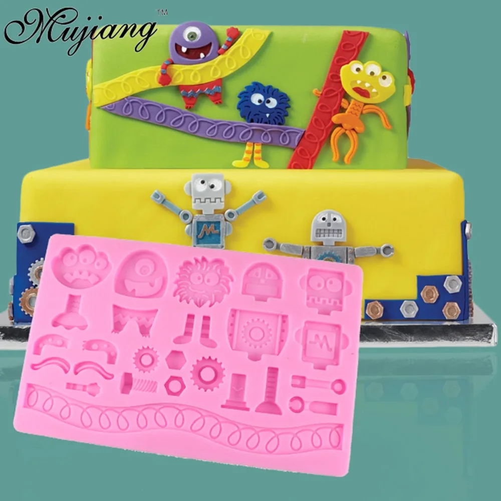 

Mujiang Cartoon Monster Robot Alien Gear Cake Border Silicone Embossed Mold Fondant Cake Decorating Tools Chocolate Candy Molds