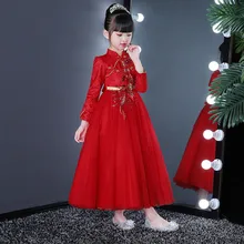 Новогодние платья в китайском стиле для девочек платье с вышитыми цветами осенне-зимняя плотная одежда для девочек детская одежда для малышей