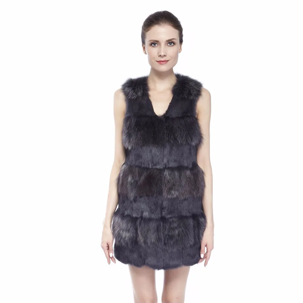 

ZY88013 Women Elegant Real Winter Rabbit Fur With Fox Fur Long Fur Vest Waistcoat Gilet Slim Fur Vest
