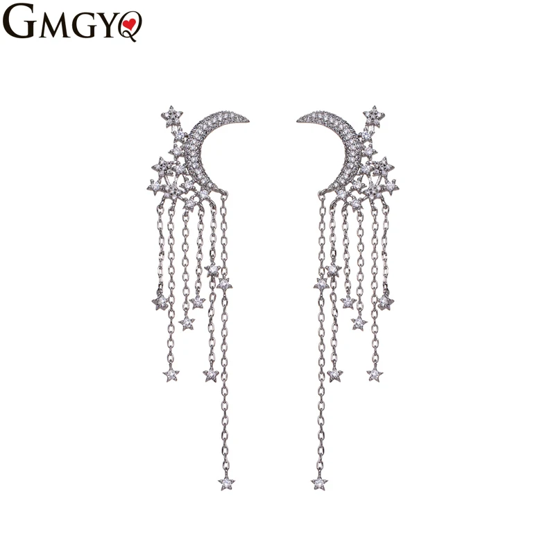 

GMGYQ Fashion 2018 Silver Color Crystal Earrings Long Brush Bridal Wedding Jewelry Fashion Streamlined Female Star Pendant Femme