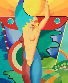 

Abstract handmade painting girl , sun and moon on oil canvas for living room decor and wallpaper