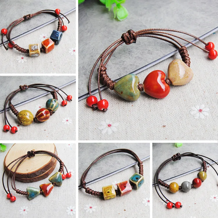 Flower Glaze Beaded Bracelet Cuff Bangles for Women Girls Lovers Couple Ceramics Beads Handmade Rope Braided Charm Bracelets New | Украшения