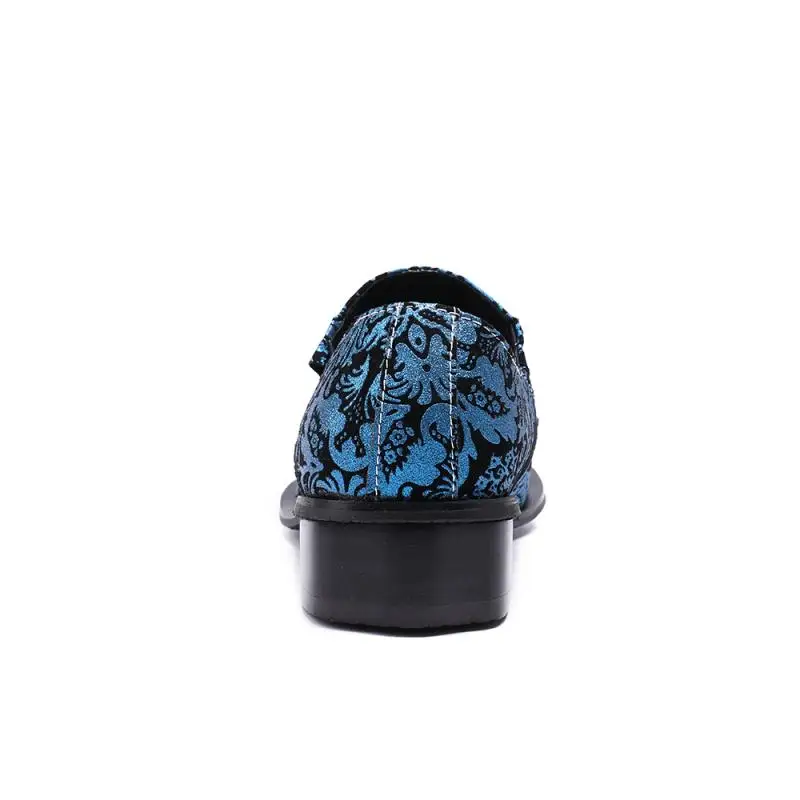 Sapatas Floral Escritório Masculino Dos Sexo Mocassins Homens Do Italiano Apontou De Casamento Impresso Toe Genuíno Em Azul Festa Blue Banquete Couro Vestido Metal Deslizamento Xqpnadw