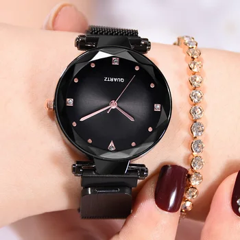 

Fashion Magnetic Starry Sky Women Watches Latest Hot Ladies Rhinestone Quartz Wristwatch Black Steel Mesh Female Clock On Hand