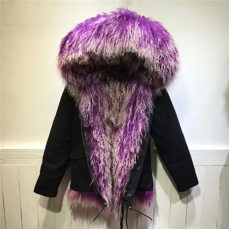 Высокое качество розовый большой енота меховым воротником утепленная верхняя лиса ногу меха внутри куртки женские зима Настоящее меховое пальто с капюшоном