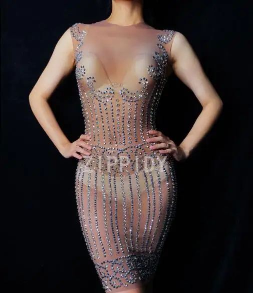 

Women's Birthday Party Dress Sparkly Silver Rhinestones Sleeveless Mesh Dress See Through Dress Nightclub Singer Dance Costume
