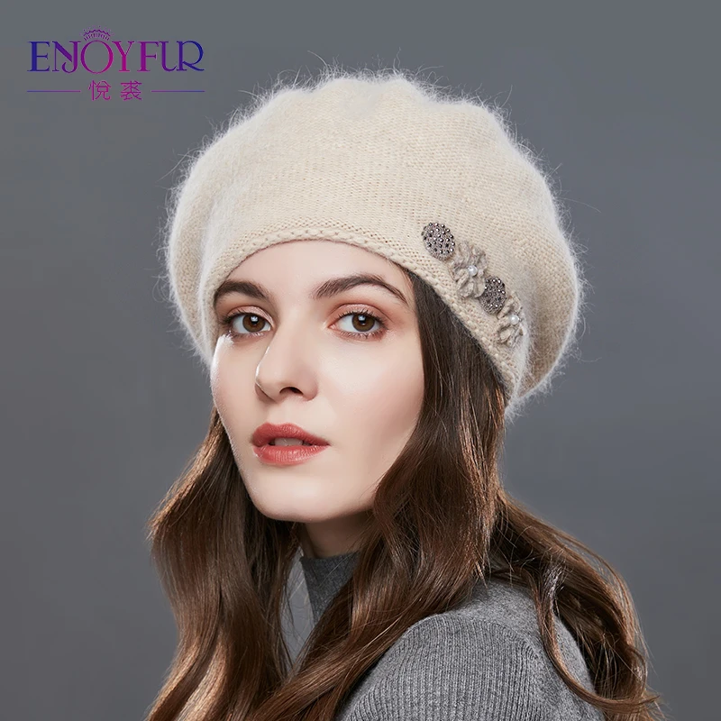 

ENJOYFUR Rabbit Knitted Winter Hats For Women Cashmere Warm Beret Hat Female Flower Decoration Lady Middle-Aged Cap