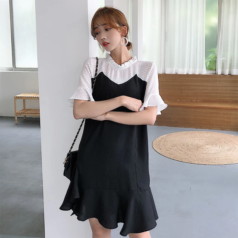 

Fake Two Piece Dresses Ladies Elegant Loose Casual Chiffon Patchwork Office Dress Women Summer New Korean Simple Dot Dress Black