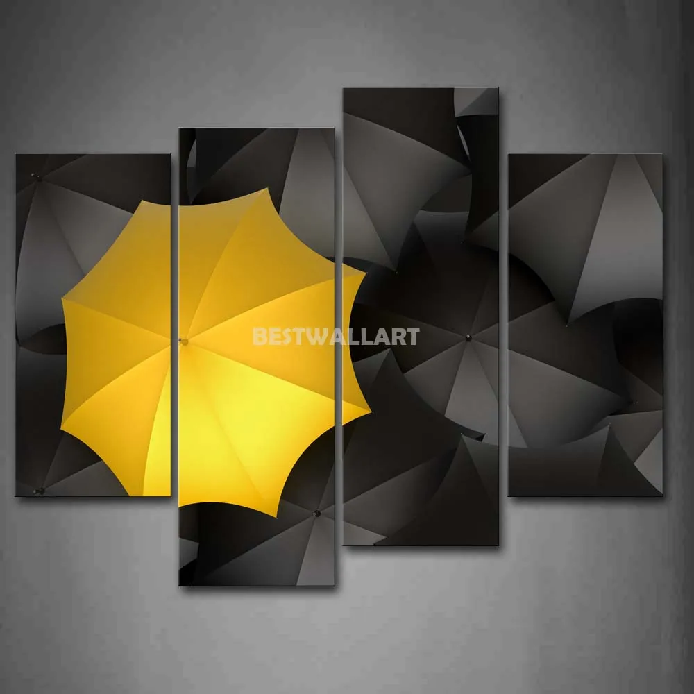 Black Umbrellas With A Yellow One 4 Piece Painting On Canvas Wall Art