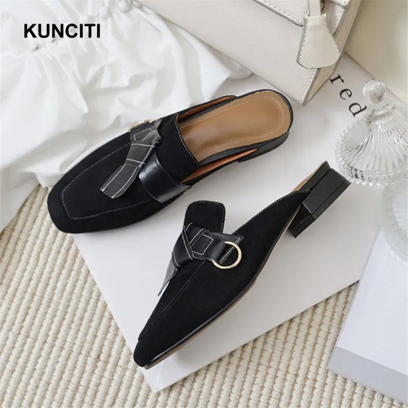 

2019 KUNCITI Square Toe Women Leather Slippers Slip On Ladies Flat Loafers Bow Tie Suede Leather Mules Shoes Comfortable T995