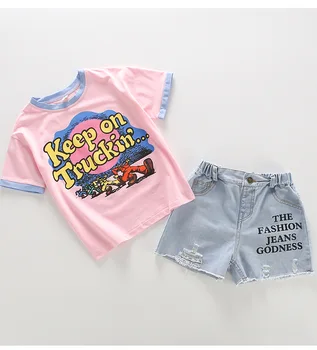 

2 Pcs Girls Summer Costumes Clothing Sets For Big Girls Cotton T-shirts Hot Jeans Shorts Outfits ensemble fille 6 8 10 12 14 Yrs